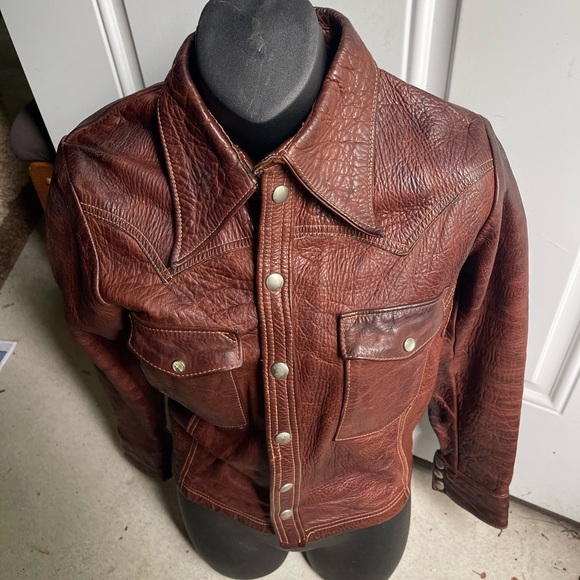 Vintage East West Musical Instruments Leather Jacket 60s 70s Rocker XS Brown - Picture 4 of 16